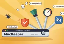 Antivirus till Mac med MacKeeper – så fungerar programmet Illustration av ett fickverktyg mot saffransgul bakgrund, där handtaget ser ut som ett Mac-fönster märkt ”MacKeeper”, ”Antivirus till Mac” och ”sedan 2010” och där fyra utfällda verktyg – en sköld som studsar bort en skalbagge, en borste som sopar bort skräpfiler, en hastighetsmätare och ett överstruket öga – är märkta ”Säkerhet”, ”Rengöring”, ”Prestanda” och ”Integritet”.