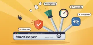 Antivirus till Mac med MacKeeper – så fungerar programmet Illustration av ett fickverktyg mot saffransgul bakgrund, där handtaget ser ut som ett Mac-fönster märkt ”MacKeeper”, ”Antivirus till Mac” och ”sedan 2010” och där fyra utfällda verktyg – en sköld som studsar bort en skalbagge, en borste som sopar bort skräpfiler, en hastighetsmätare och ett överstruket öga – är märkta ”Säkerhet”, ”Rengöring”, ”Prestanda” och ”Integritet”.