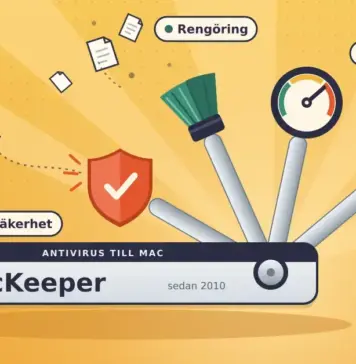 Antivirus till Mac med MacKeeper – så fungerar programmet Illustration av ett fickverktyg mot saffransgul bakgrund, där handtaget ser ut som ett Mac-fönster märkt ”MacKeeper”, ”Antivirus till Mac” och ”sedan 2010” och där fyra utfällda verktyg – en sköld som studsar bort en skalbagge, en borste som sopar bort skräpfiler, en hastighetsmätare och ett överstruket öga – är märkta ”Säkerhet”, ”Rengöring”, ”Prestanda” och ”Integritet”.