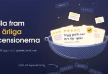 Appmagasinet och ärliga app- och spelrecensioner – så hittar du dem Illustration av ett metallsåll mot mörkblå bakgrund som fångar upp glödande recensionskort med stjärnbetyg, bland annat ett med fyra av fem stjärnor och texten ”Snygg grafik, men dyra köp i appen.”, medan grå pratbubblor med fem stjärnor och ”Bäst!!!” faller igenom nätet som köpta och kopierade betyg.