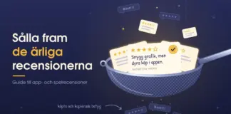 Appmagasinet och ärliga app- och spelrecensioner – så hittar du dem Illustration av ett metallsåll mot mörkblå bakgrund som fångar upp glödande recensionskort med stjärnbetyg, bland annat ett med fyra av fem stjärnor och texten ”Snygg grafik, men dyra köp i appen.”, medan grå pratbubblor med fem stjärnor och ”Bäst!!!” faller igenom nätet som köpta och kopierade betyg.