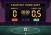 Asiatiskt handikapp Illustration av en upplyst resultattavla på en kvällsmörk fotbollsarena som vid avspark 00:00 visar Favorit 0 och Underdog 0,5 med handikappen −0,5 och +0,5, ett överstruket X i raden 1 X 2 och en fotboll på mittpunkten.