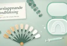 Avslappnande tandblekning – lugn rutin för vitare tänder Illustration ovanifrån av en solfjäderformad tandfärgskala som går från gulaktiga till vita tänder, en öppen ask med en genomskinlig blekningsskena, en spruta med blekgel, eukalyptuskvistar och ett tänt värmeljus mot salviagrön bakgrund, med texten ”Avslappnande tandblekning – lugn rutin för vitare tänder”.