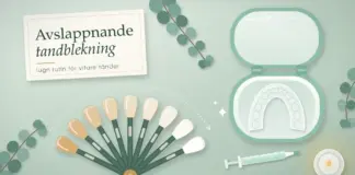 Avslappnande tandblekning – lugn rutin för vitare tänder Illustration ovanifrån av en solfjäderformad tandfärgskala som går från gulaktiga till vita tänder, en öppen ask med en genomskinlig blekningsskena, en spruta med blekgel, eukalyptuskvistar och ett tänt värmeljus mot salviagrön bakgrund, med texten ”Avslappnande tandblekning – lugn rutin för vitare tänder”.