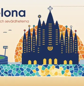 Barcelona – allt du behöver veta om staden, fotbollen och sevärdheterna Illustration av Barcelonas silhuett med Sagrada Família framför en mosaiksol i Gaudís trencadís-stil och en måttlinje som visar mittornets höjd på 172,5 meter, med en fotbollsarena, ett mosaikhav, palmer och en fotboll på stranden.