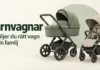 En grön liggvagn och en beige sittvagn mot ljus bakgrund med texten ”Barnvagnar – Så väljer du rätt vagn för din familj”.
