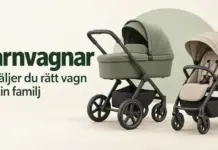En grön liggvagn och en beige sittvagn mot ljus bakgrund med texten ”Barnvagnar – Så väljer du rätt vagn för din familj”.