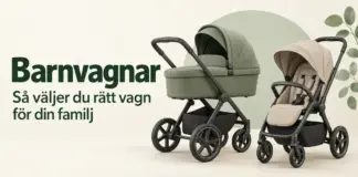 En grön liggvagn och en beige sittvagn mot ljus bakgrund med texten ”Barnvagnar – Så väljer du rätt vagn för din familj”.