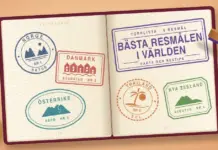 Bästa resmålen i världen – topplista med fakta och restips Illustration av ett uppslaget pass med färgglada inresestämplar från Norge, Danmark, Österrike, Thailand och Nya Zeeland samt en lila stämpel med texten ”Bästa resmålen i världen”, bredvid en trästämpel och en kompass mot en aprikosfärgad bakgrund.