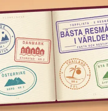 Bästa resmålen i världen – topplista med fakta och restips Illustration av ett uppslaget pass med färgglada inresestämplar från Norge, Danmark, Österrike, Thailand och Nya Zeeland samt en lila stämpel med texten ”Bästa resmålen i världen”, bredvid en trästämpel och en kompass mot en aprikosfärgad bakgrund.