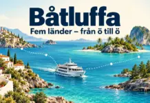 Illustration av en färja på turkost hav mellan Medelhavets kustbyar, tropiska öar och svensk skärgård, med texten ”Båtluffa – Fem länder – från ö till ö”.