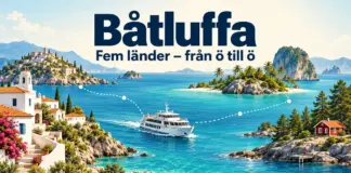 Illustration av en färja på turkost hav mellan Medelhavets kustbyar, tropiska öar och svensk skärgård, med texten ”Båtluffa – Fem länder – från ö till ö”.