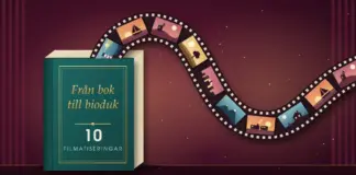 Böcker som blev bra filmer – topplista och fakta Illustration av en grön inbunden bok med texten ”Från bok till bioduk” och ”10 filmatiseringar”, ur vars sidor en filmremsa med små filmscener – fyr, segelbåt, slott, träd och stad – slingrar sig ut över en vinröd biosalong med sammetsridåer.