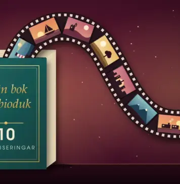 Böcker som blev bra filmer – topplista och fakta Illustration av en grön inbunden bok med texten ”Från bok till bioduk” och ”10 filmatiseringar”, ur vars sidor en filmremsa med små filmscener – fyr, segelbåt, slott, träd och stad – slingrar sig ut över en vinröd biosalong med sammetsridåer.