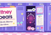 Britney Spears – de största låtarna och karriären Illustration av en rad lila skolskåp märkta med årtal från 1998 till 2008, där ett öppet skåp visar ett headset med mikrofon, cd-skivor och rosa pompoms, bredvid en uppsatt affisch med texten ”Britney Spears – de största låtarna och karriären”.
