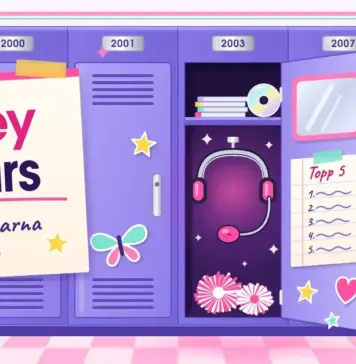 Britney Spears – de största låtarna och karriären Illustration av en rad lila skolskåp märkta med årtal från 1998 till 2008, där ett öppet skåp visar ett headset med mikrofon, cd-skivor och rosa pompoms, bredvid en uppsatt affisch med texten ”Britney Spears – de största låtarna och karriären”.