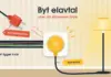 Byta elavtal – så gör du och det här bör du tänka på Illustration av ett vägguttag där en röd kontakt märkt ”Dyrt standardavtal” dras ut medan en gul kontakt märkt ”Nytt elavtal” sitter i och håller en golvlampa tänd, med elnätets ledningar kvar i väggen och texten ”Byt elavtal – utan att strömmen bryts”.