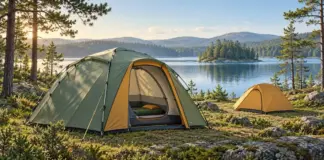 Ett stort grönt campingtält och ett mindre gult tält står vid en sjö omgiven av tallskog i varmt morgonljus.