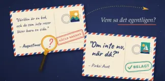 Citat om resor: de mest kända reseorden och vem som egentligen sa dem Illustration av två luftpostvykort på mörkblå bakgrund med texten ”Vem sa det egentligen?”, där det ena vykortet med citatet ”Världen är en bok …” har Augustinus som avsändare, ett förstoringsglas som visar ett frågetecken och stämpeln ”Källa saknas”, medan det andra med ”Om inte nu, när då?” från Pirkei Avot är stämplat ”Belagt”.