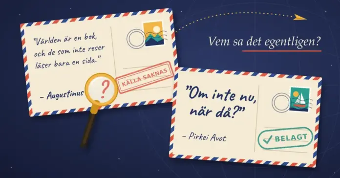 Citat om resor: de mest kända reseorden och vem som egentligen sa dem Illustration av två luftpostvykort på mörkblå bakgrund med texten ”Vem sa det egentligen?”, där det ena vykortet med citatet ”Världen är en bok …” har Augustinus som avsändare, ett förstoringsglas som visar ett frågetecken och stämpeln ”Källa saknas”, medan det andra med ”Om inte nu, när då?” från Pirkei Avot är stämplat ”Belagt”.