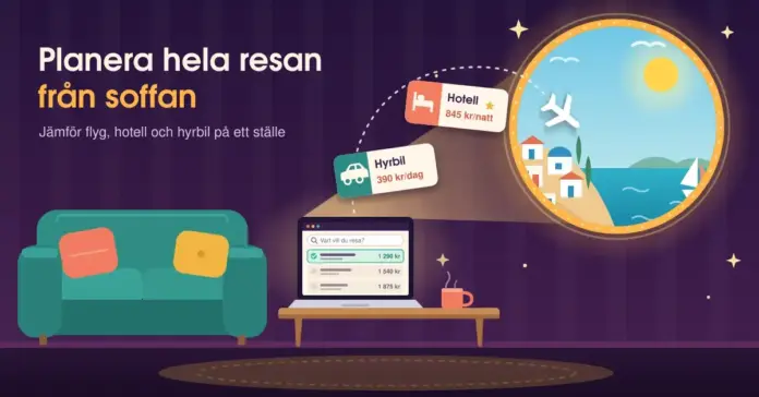 Illustration av ett mysigt vardagsrum i plommonlila toner med en turkos soffa och en laptop med en reseportal på soffbordet, vars ljusstråle med flygande kort för hyrbil och hotell leder in i en rund, gyllene portal som öppnar sig mot en solig kustby vid havet dit ett flygplan är på väg.