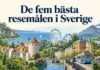 De fem bästa resemålen i Sverige Illustrerat collage med en giraff och linbana i Kolmården, Visbys ringmur, nöjesattraktioner på Liseberg, en blå spårvagn i Göteborg och Kungsledens fjäll under rubriken ”De fem bästa resemålen i Sverige”.
