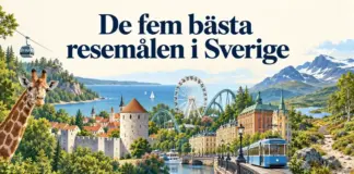 Illustrerat collage med en giraff och linbana i Kolmården, Visbys ringmur, nöjesattraktioner på Liseberg, en blå spårvagn i Göteborg och Kungsledens fjäll under rubriken ”De fem bästa resemålen i Sverige”.