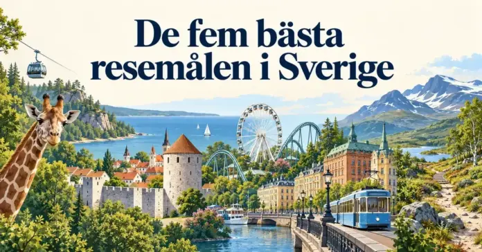Illustrerat collage med en giraff och linbana i Kolmården, Visbys ringmur, nöjesattraktioner på Liseberg, en blå spårvagn i Göteborg och Kungsledens fjäll under rubriken ”De fem bästa resemålen i Sverige”.