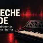 Depeche Mode – historia, medlemmar och de största låtarna Synthesizer och mikrofon i röd belysning mot mörk bakgrund med texten Depeche Mode – historia, medlemmar och de största låtarna.