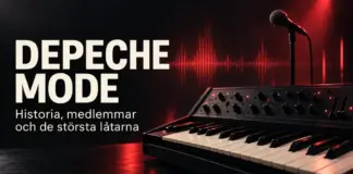 Synthesizer och mikrofon i röd belysning mot mörk bakgrund med texten Depeche Mode – historia, medlemmar och de största låtarna.