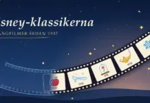 Illustration av en blå blyertspenna som tecknar en filmremsa mot en stjärnklar skymningshimmel, där skissen övergår i färgrutor med ett rött äpple (1937), en glassko (1950), en ros under glaskupa (1991), en gyllene oljelampa (1992) och en snöflinga (2013) under rubriken ”Disney-klassikerna – 64 långfilmer sedan 1937”.