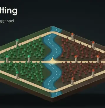 Dota 2 betting – guide till marknader, odds och tryggt spel Illustration av en isometrisk e-sportkarta med tre stigar, en slingrande flod och skog, där en jadegrön kristall till vänster och en orangeröd kristall till höger står under oddsrutorna 1,72 och 2,10, med rubriken ”Dota 2 betting” och en 18+-symbol.