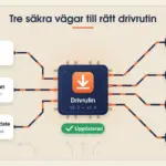 Drivrutiner till ASUS – ladda ner och uppdatera steg för steg Illustration av ett kretskort där tre ledningsbanor från MyASUS, Supportsidan och Windows Update leder in till ett mörkblått chip märkt ”Drivrutin” med en nedladdningspil och en grön etikett med texten ”Uppdaterad”, och därifrån vidare till grafikkort, ljud, pekplatta och nätverk.