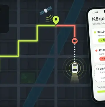 Elektronisk körjournal: så fungerar den, Skatteverkets krav och fördelar Illustration av en mörk stadskarta där en GPS-loggad bil har lämnat en limegrön tjänsteresa och en korallröd privat resa efter sig, bredvid en mobil med appen Körjournal som listar dagens resor med körsträcka och knappar för att markera nästa resa som tjänst eller privat.