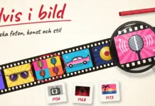Elvis Presley i bild: ikoniska foton, konst och stilen som format kungen Illustration av en diafilmremsa på ett ljusbord med popkonstbilder av en mikrofon, solglasögon, en gitarr, en rosa bil och en guldskiva, där ett förstoringsglas förstorar mikrofonen bredvid tre diabilder märkta 1956, 1968 och 1973 och den handskrivna texten ”Elvis i bild – ikoniska foton, konst och stil”.