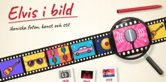 Elvis Presley i bild: ikoniska foton, konst och stilen som format kungen Illustration av en diafilmremsa på ett ljusbord med popkonstbilder av en mikrofon, solglasögon, en gitarr, en rosa bil och en guldskiva, där ett förstoringsglas förstorar mikrofonen bredvid tre diabilder märkta 1956, 1968 och 1973 och den handskrivna texten ”Elvis i bild – ikoniska foton, konst och stil”.