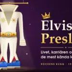 Elvis Presley – livet, karriären och de mest kända låtarna Illustration av en vit scendräkt med guldnitar och bälte som hänger på en galge i strålkastarljus, med ett par blå mockaskor nedanför, bredvid en guldkrona och texten ”Elvis Presley – Livet, karriären och de mest kända låtarna”.