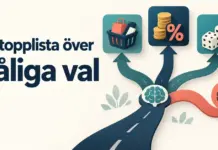 Illustration med rubriken ”En topplista över dåliga val” och en hjärna vid ett vägskäl med symboler för impulsköp, dyra lån, spel och en återvändsgränd.