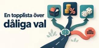 Illustration med rubriken ”En topplista över dåliga val” och en hjärna vid ett vägskäl med symboler för impulsköp, dyra lån, spel och en återvändsgränd.