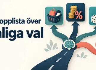 En topplista över dåliga val Illustration med rubriken ”En topplista över dåliga val” och en hjärna vid ett vägskäl med symboler för impulsköp, dyra lån, spel och en återvändsgränd.