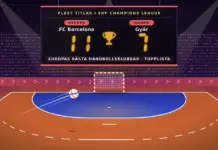 Illustration av en handbollsarena där en hängande resultattavla visar flest titlar i EHF Champions League – FC Barcelona 11 för herrar och Győr 7 för damer – medan en boll flyger mot ett rödvitrandigt mål bakom en blå målgård på en orange spelplan.