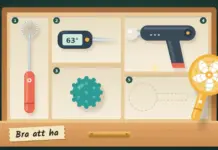 Illustration av en utdragen ”Bra att ha”-låda med fem numrerade fack som rymmer en mjölkskummare, en stektermometer, en taggig massageboll och en massagepistol, medan en gul handfläkt lyfter ur sitt tomma fack.