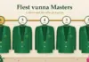 Flest vunna Masters – golfarna med flest titlar på Augusta Illustration av fem gröna kavajer som hänger på en mässingsstång med runda brickor för 6, 5, 4, 3 och 3 titlar, under rubriken ”Flest vunna Masters”, med rosa azaleor i hörnen.