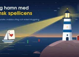 Fördelar med att spela på svenska casinon med svensk spellicens Illustration av en blå- och vitrandig fyr på en granitklippa i skymningen vars ljuskägla leder en segelbåt med ett hjärter ess som segel in mot en trygg hamn med en faluröd sjöbod och en svensk flagga, under texten ”Trygg hamn med svensk spellicens – Skattefria vinster, snabba uttag och enkel inloggning”.