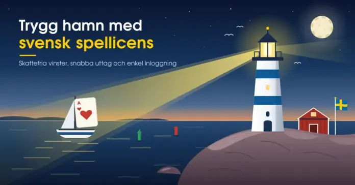 Illustration av en blå- och vitrandig fyr på en granitklippa i skymningen vars ljuskägla leder en segelbåt med ett hjärter ess som segel in mot en trygg hamn med en faluröd sjöbod och en svensk flagga, under texten ”Trygg hamn med svensk spellicens – Skattefria vinster, snabba uttag och enkel inloggning”.