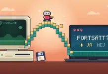 Fungerar inte spelet på din dator? Så kör du gamla spel igen Illustration av en liten pixelriddare som går över en bro av gula och turkosa pixelblock från en gammal beige dator med en grön DOS-skärm och en diskett bredvid till en modern laptop vars skärm visar ”FORTSÄTT?” med valen ”JA” och ”NEJ”.