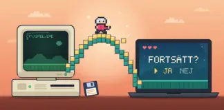 Fungerar inte spelet på din dator? Så kör du gamla spel igen Illustration av en liten pixelriddare som går över en bro av gula och turkosa pixelblock från en gammal beige dator med en grön DOS-skärm och en diskett bredvid till en modern laptop vars skärm visar ”FORTSÄTT?” med valen ”JA” och ”NEJ”.