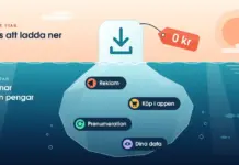 Illustration av ett isberg i havet där toppen ovanför ytan är en appikon med nedladdningspil och en prislapp märkt ”0 kr”, medan den stora delen under ytan visar hur gratisappar tjänar pengar genom reklam, köp i appen, prenumeration och dina data.