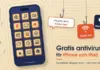 Illustration av en mörkblå iPhone i krattad sand där varje app ligger i en egen liten sandlåda och lila virus studsar bort, medan fiskekrokar med beten märkta ”Klicka här!”, ”Gratis wifi” och ”Okänt nummer” dinglar ovanför texten ”Gratis antivirus för iPhone och iPad”.
