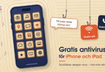 Illustration av en mörkblå iPhone i krattad sand där varje app ligger i en egen liten sandlåda och lila virus studsar bort, medan fiskekrokar med beten märkta ”Klicka här!”, ”Gratis wifi” och ”Okänt nummer” dinglar ovanför texten ”Gratis antivirus för iPhone och iPad”.